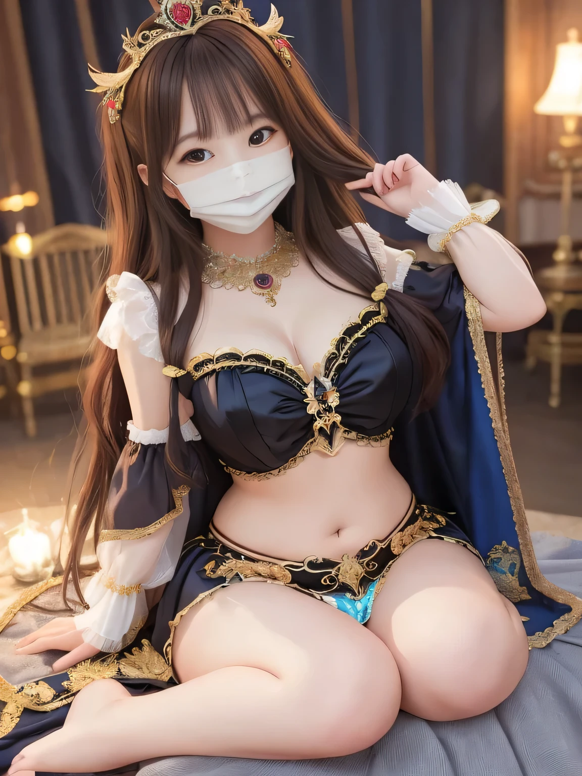 (top quality)、masterpiece、hyperrealism、princess who sits with her legs open in an m shape、
Masquerade、Mask-wearing party、hiding their identity and enjoying free interaction、medieval European court、
A wonderful night、gives this scene a special appeal,Taken with X-T4,85mm,blurry background,
((Full Race、Venetian Mask 、ROBIN MASK MASK、)),
featuring sexy women、The girl is an enchanting princess、 Glossy Brown Hair 、middle twin tail、
cute、lips、perfect body、colorful dress、miniskirt、belly button、Chubby Glowing Thighs、embarrassed expression、amazing beauty、