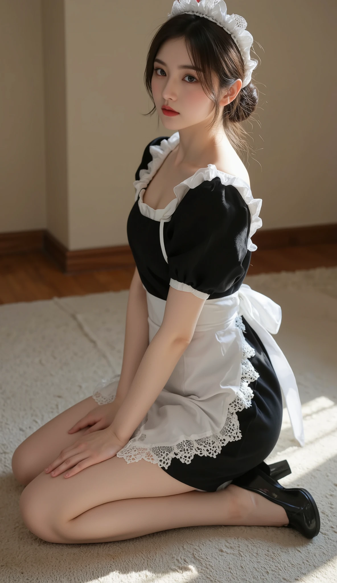 mini skirt、Image looking up from below、Beautiful maid's back view、blonde twintails、indoor