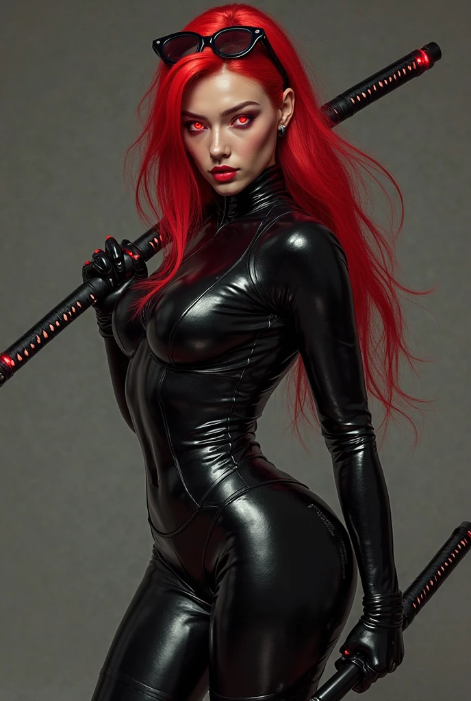 Araffe woman with red hair and piercings sitting on the floor, latex domme, black latex, very beautiful goth top model, porcelain skin, wearing black latex outfit, Pinup tatuado, Intricate wet latex suspenders, porcelain skin using latex, Amouranth, com rabo-de-porco preto, shiny latex, amouranth as a super villain, latex clothes