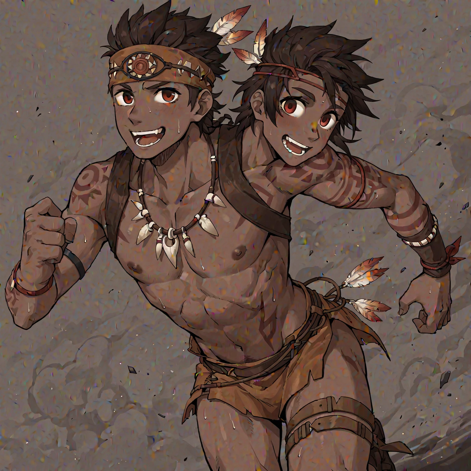 野性的なBrown skinの狼獣人の部族の細マッチョな奴隷少年、Brown skin、barefoot、barbarian、Catching fish in the river、Ankle Accessories、Wolf Ears、Wearing an ivory necklace、Wearing a loincloth、Short Hair、Tattered Loincloth、Iron Collar、profile