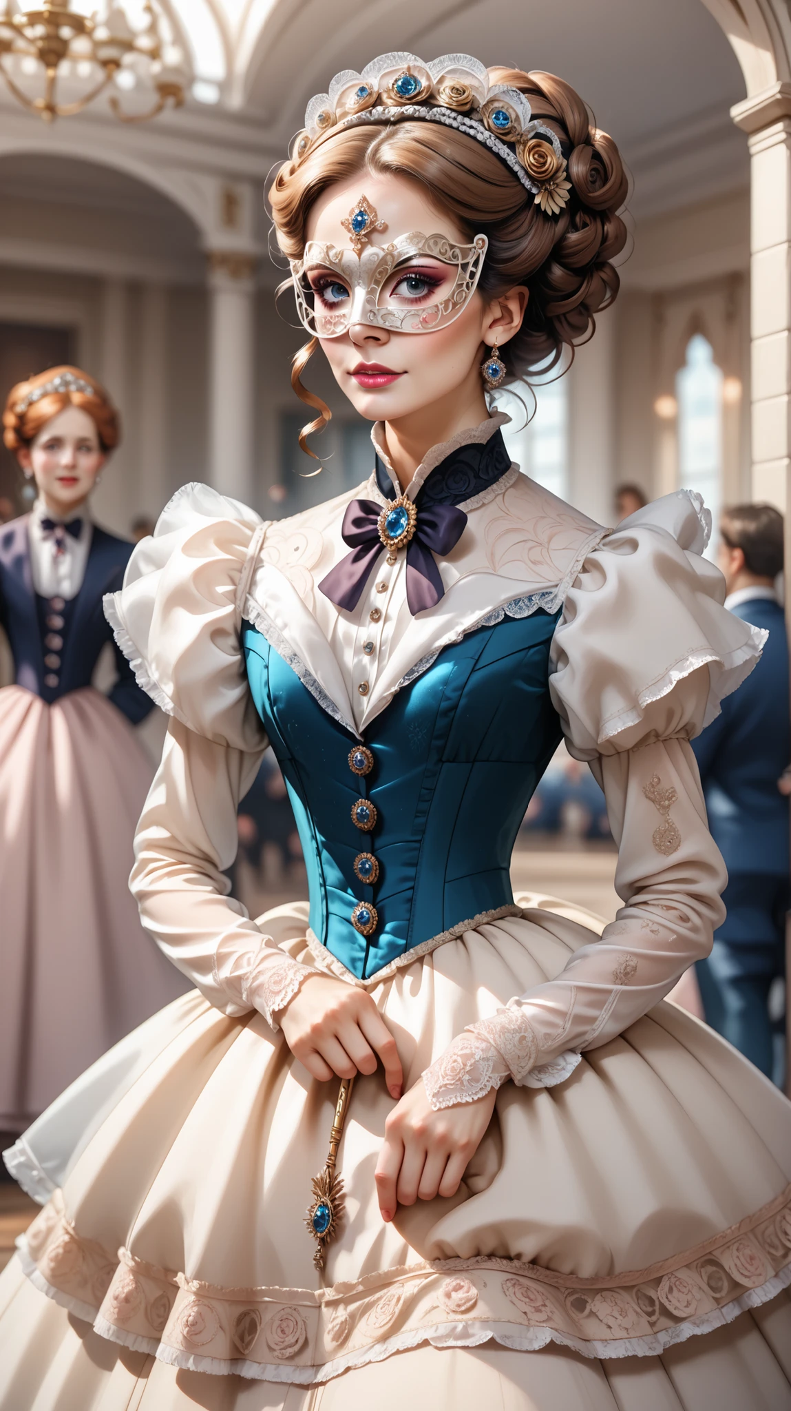 masterpiece, detailed,high resolution,Best Quality,depth of field,ballroom,mask,aristocratic woman,victorian dress