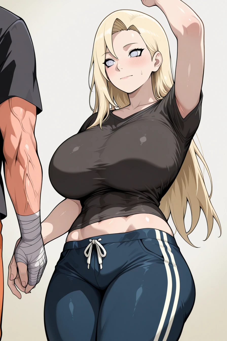 score_9, score_8_Excellent, score_7_Excellent, Hello、he, Brown eyes, blonde, Multicolored Hair, Long Hair,Long sleeves Round neck ,Khaki T-shirt maxi ((tight)) dress、Are standing,Big Breasts、One Girl、One boy、The Faceless Man、A man hugs a woman from behind、((Grab your chest))