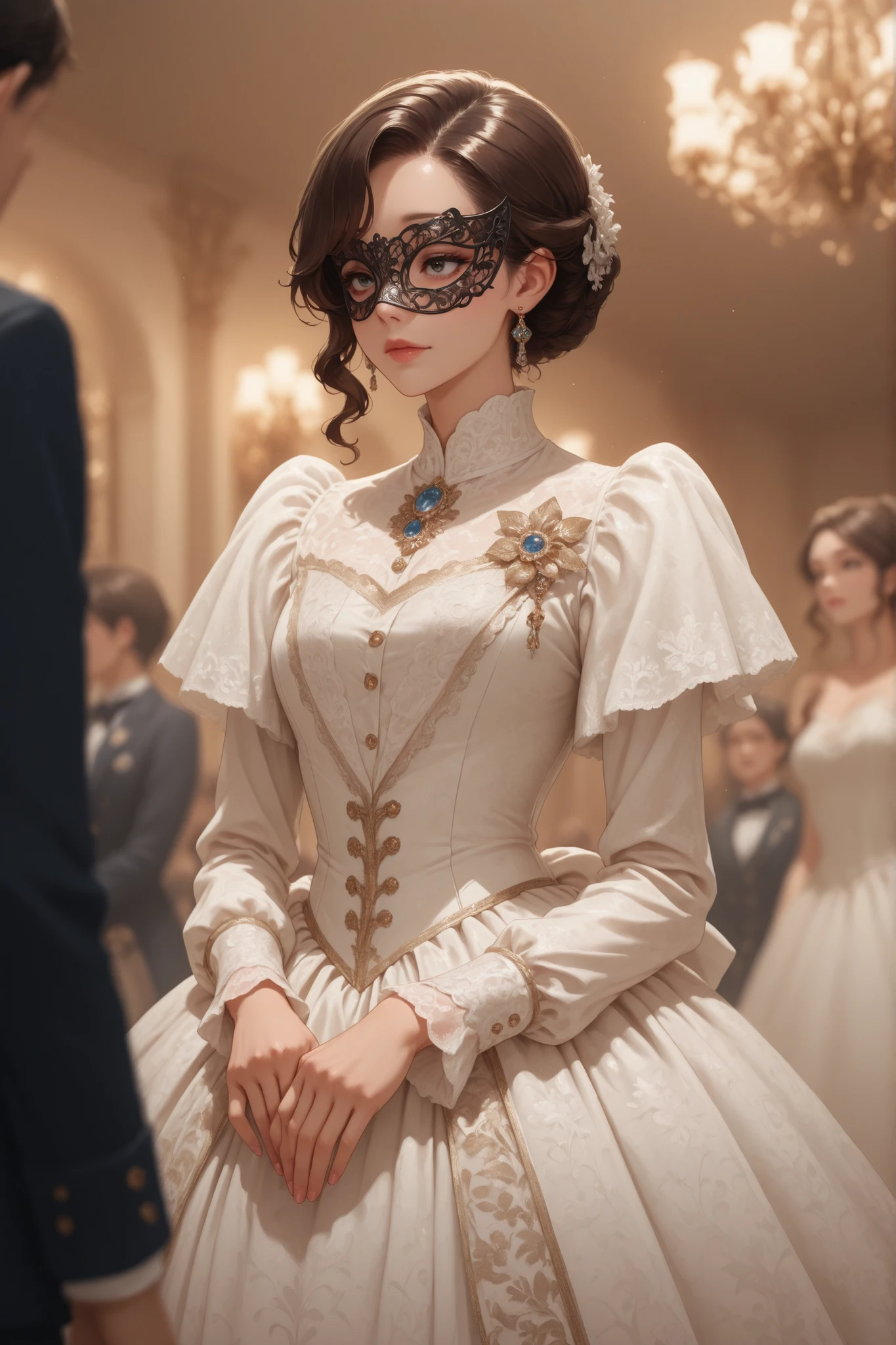 masterpiece, detailed,high resolution,Best Quality,depth of field,ballroom,handle mask,aristocratic woman,victorian dress