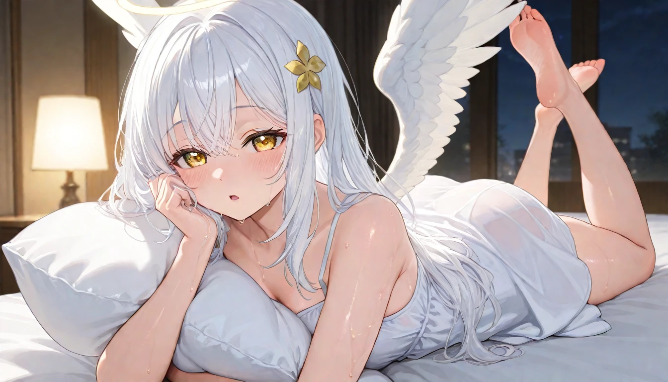 (2filles, cheveux longs élégants, Couleur, Yeux détaillés, Pupilles étincelantes, pupilles cardiaques, âge des étudiants fille), E-brest, clivage, Au lit, dormir dans son lit mignon dormir, Déesse, 2 paires d'ailes, vêtements de nuit, Abus d’éruption de lentille, aberration chromatique, détail élevé, Anime, sur l’art, profondeur de champ, Flou de mouvement, Lumière rougeoyante, grain du film, UHD, rétine, précis, Chef-dœudansre, anatomiquement correct, peau texturée, Super détail, high détails, de la haute qualité, Primé, meilleur qualité, Haute résolution, 16k, (Angle de caméra: Grand angle) ((sommeil, allongée, Au lit, drap, chambre, caraco, d’en haut, Angle néerlandais, Haut du corps))