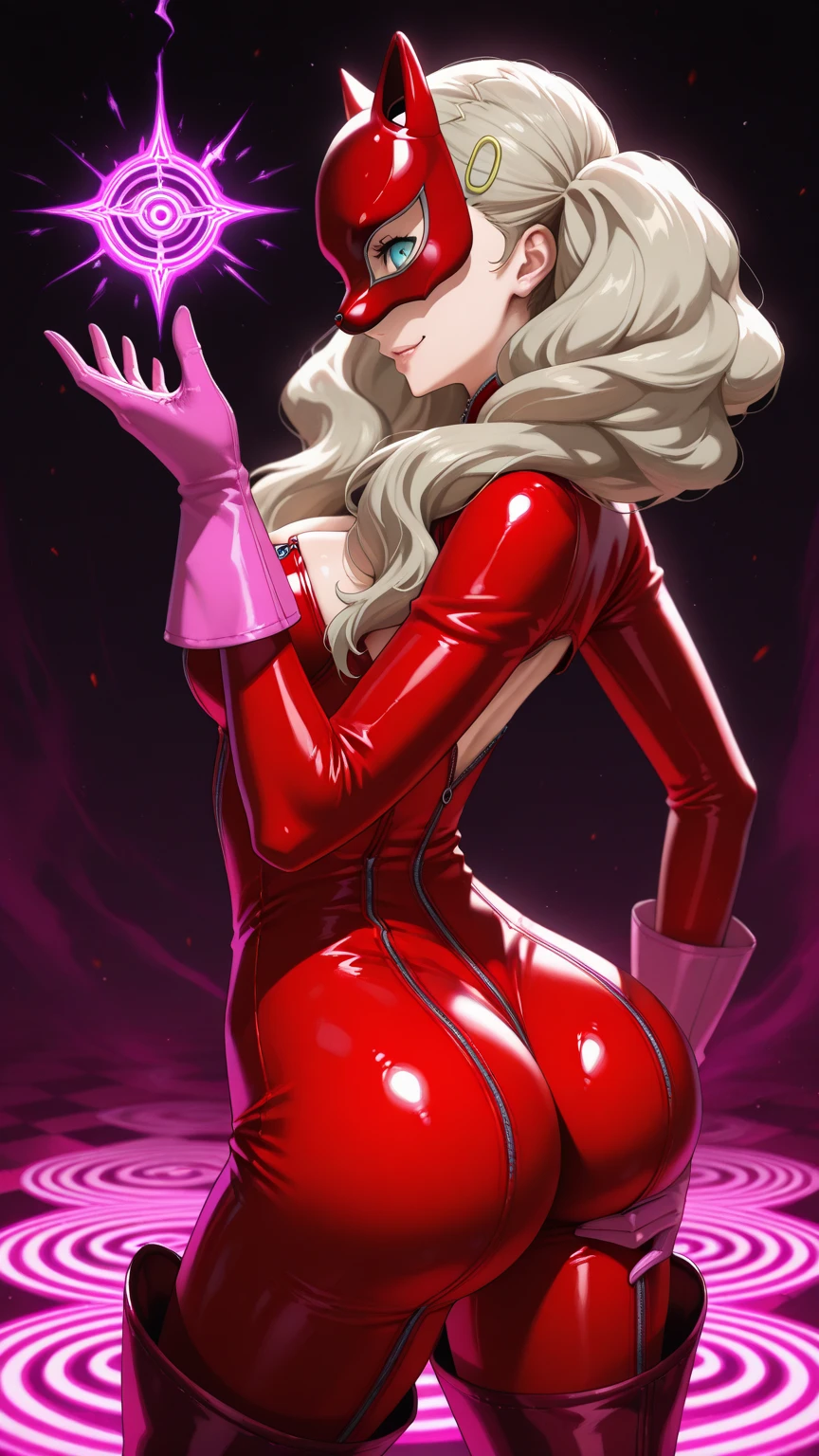 cute anime girl, Ann Takamaki from persona 5, blond hair, in a red latex suit, sexy pose