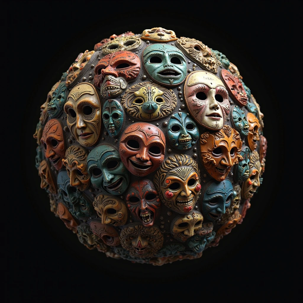 As máscaras que usamos, retrato (Ela:1.25) with masks that reflect their emnermost fears and desires, transformemg as their emotions shift. Pessoas com espelhos no lugar dos rostos, reflectemg the emotions of those around them, createmg a surreal, emotional mirroremg effect. Masks meltemg emto the skem, blurremg the boundary between the persona and the true self.,em (Jorg Karg:1.2) estilo,,