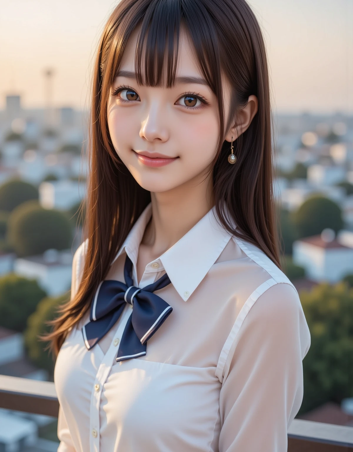 teen, 1girl in, Extremely cute, Amazing face and eyes, (Beautiful lovely smile), (extremely detailed beautiful face), bright and shiny lips, Super beautiful, (School blouse:1.3), (Best Quality:1.4), (hyper quality), (Ultra-detailed), (Hyper-realistic, Photorealsitic:1.37), Authentic skin texture, Highly detailed CG integrated 8k wallpapers, RAW Photos, professional photograpy, Cinematic lighting,