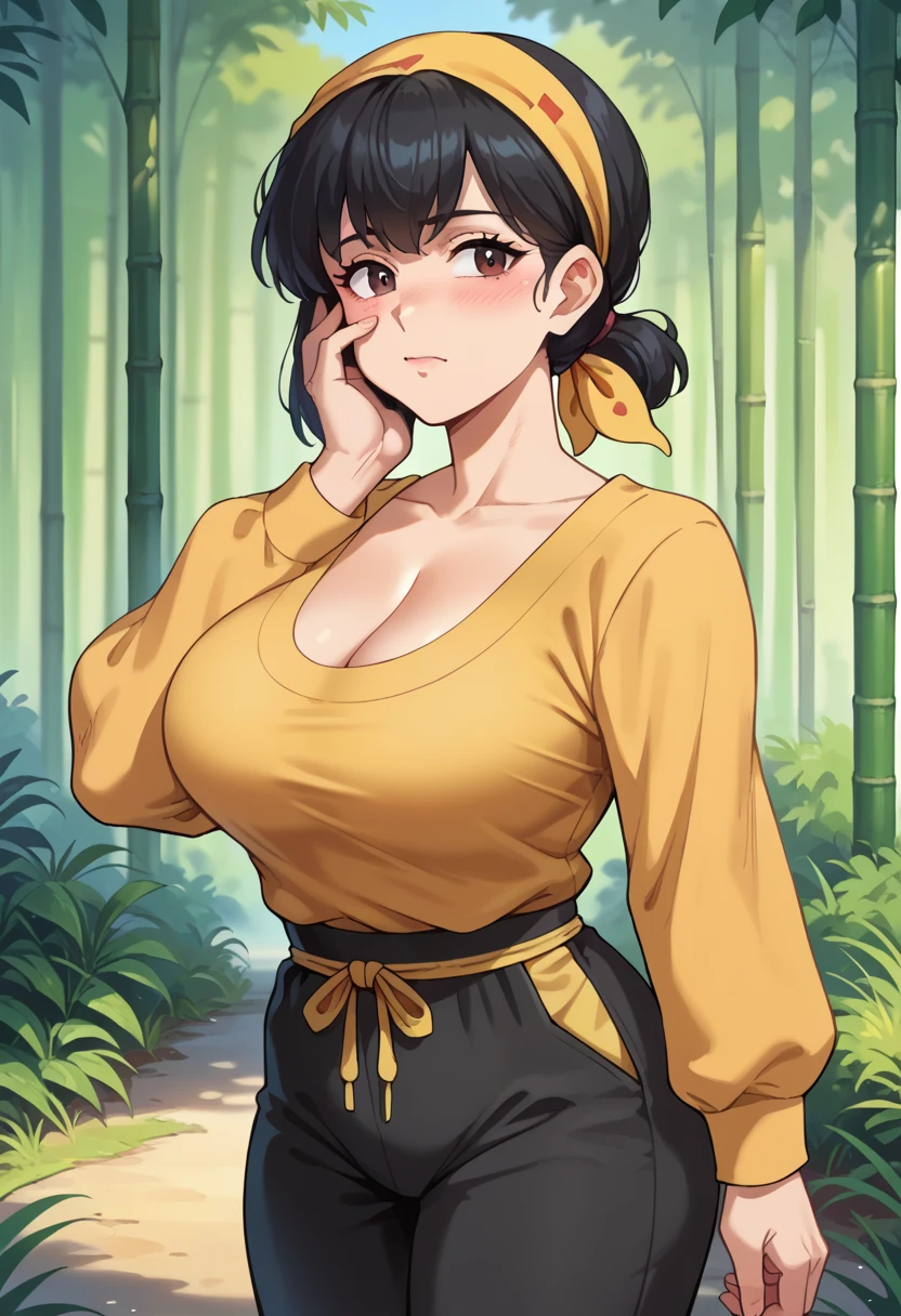 score_9, score_8_up, score_7_up, 1girl, solo, mature,female focus, medium breasts, Ryouga Hibiki, black hair,(medium hair), bangs, brown eyes, yellow bandana, yellow shirt, long sleeves, cleavage, black pants, baggy pants, surprised, wet, looking at you, chinese forest, bamboo