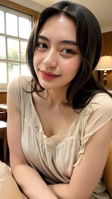 masterpiece,best quality,(Japanese ),((Beautiful girl)),cleavage,indoor,(perfect body beauty:1.2),(shy smile),beautiful teeth,