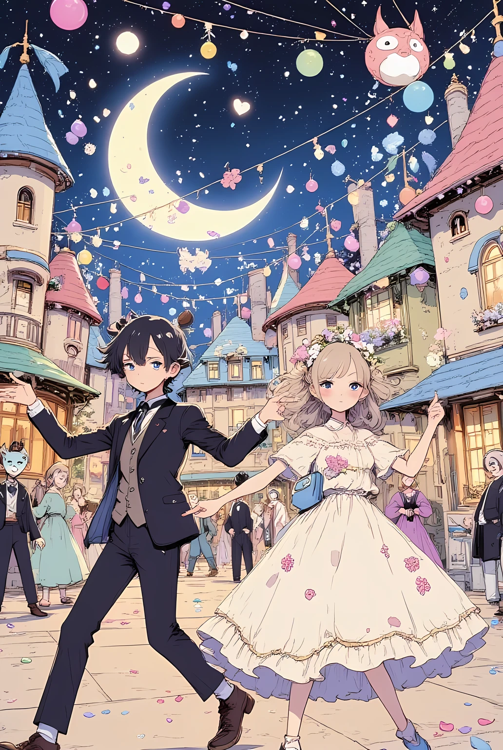 anime style, a cute and colorful masquerade ball in a whimsical anime town, lively open-air plaza filled with dancing girls in frilly pastel-colored masquerade dresses, boys in charming suits and animal masks, strings of glowing lanterns above, flower petals floating in the air, background of fairy-tale townhouses with candy-colored roofs, big crescent moon glowing in the sky, cheerful music and magical sparkles in the atmosphere, joyful expressions, heart-shaped confetti, warm lighting, dreamy and playful mood, highly detailed, vibrant colors, masterpiece, best quality
