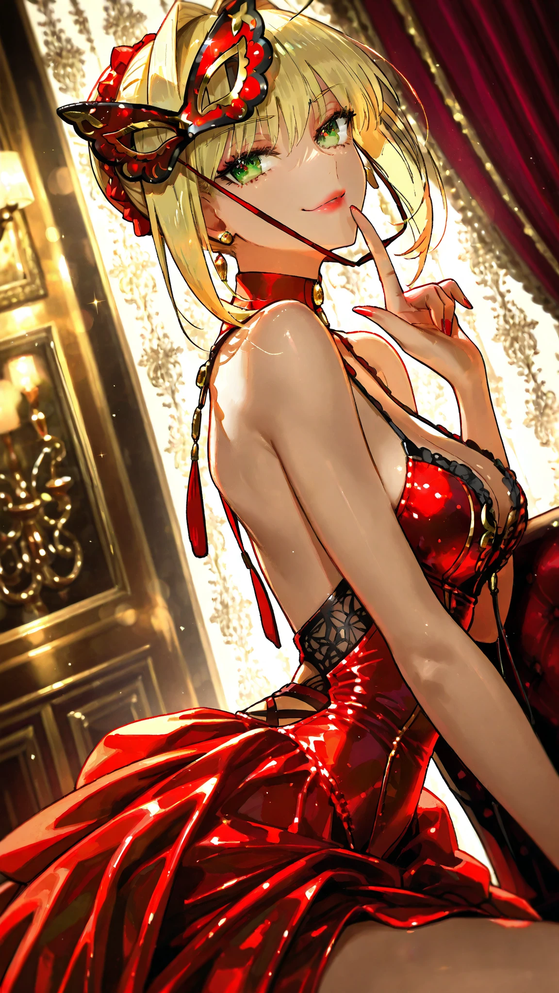 <lora:Priscilla9:1>, PriscillaBarielle, 1girl, black_flower, black_gloves, black_rose, blonde_hair, blue_gemstone, braid, braided_bangs, breasts, bridal_gauntlets, cleavage, dress, elbow_gloves, flower, folding_fan, gem, gloves, hand_fan, holding, holding_fan, indoors, long_hair, looking_at_viewer, medium_breasts, red_dress, red_eyes, rose, smile, from_behind, looking_back