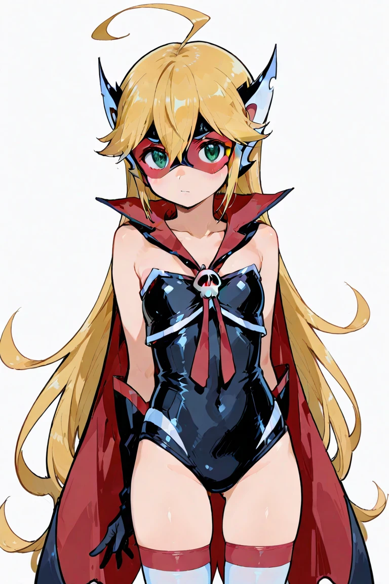 masterpiece, best quality, <lora:leopard-08:0.8>, blond hair, long hair, blue eyes, leotard, solo, small breasts, smile, beach, standing, leg belts, open mouth, OverallDetail , ahoge, red cape, mask