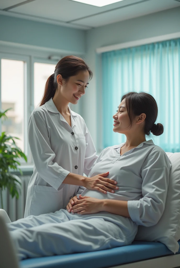 Generate image of African Igbo maternity hospital with pregnant woman named chioma in the labor room with nurse lady named nkechi a lady of about 35years and a midwife woman of about 50years delivering a baby