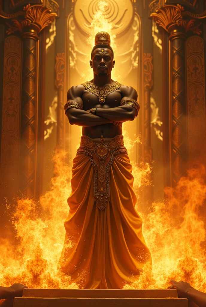 Design an image showing Atum’s influence on the creation of life with dark brown skin, golden eyes, and a youthful appearance with a clean-shaven head. Include traditional Egyptian aesthetics like hieroglyphs and gold accents in a cosmic setting. Atum should appear as a powerful figure initiating creation. Use masterpiece, best quality, CG, wallpaper, HDR, high quality, ultra detailed face, cinematic, high detail, 8k, raw, high, artstation HQ, unreal engine, octane renderer, 4k resolution, hyperrealistic, highly detailed, and absurdres settings