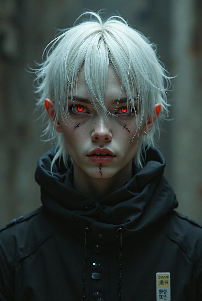 Joung man + white hair + red eyes + tan skin + fabric sweater + scar in face