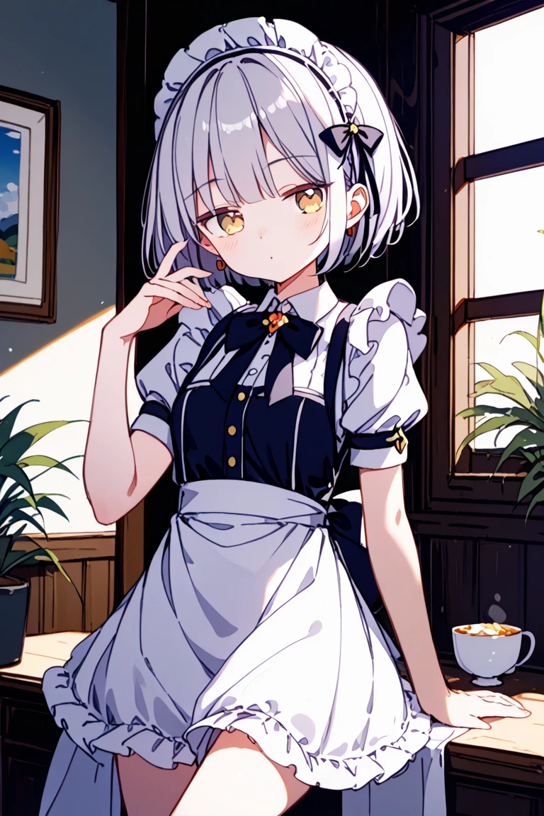 highest quality、masterpiece、((1 girl))、((smile))、(blush:1.3)、Black Shirt、blouse、((fun!!))、(Small breasts)、(single braid)、()、()、((White apron:1.5))、((Maid))、((hair ornaments)),、Kamimei、look at me、 ((in house:1.5))、 Taking a break from watching the audience、Cowboy Shot、(skirt lift:1.3),(Highly detailed white panties:1.3)、(highly detailed panties:1.3)、、(スカート that rolls up:1.3)、(Panties fully exposed:1.5)、