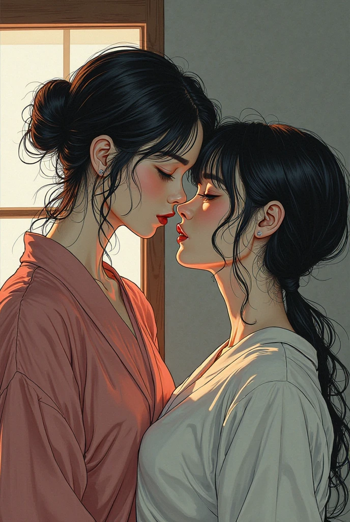 Faded old photo, old-fashioned, disheveled yukata, , carefully depicting two women, Japan woman, cleavage, kissing, tangled tongue, sweat, fingers