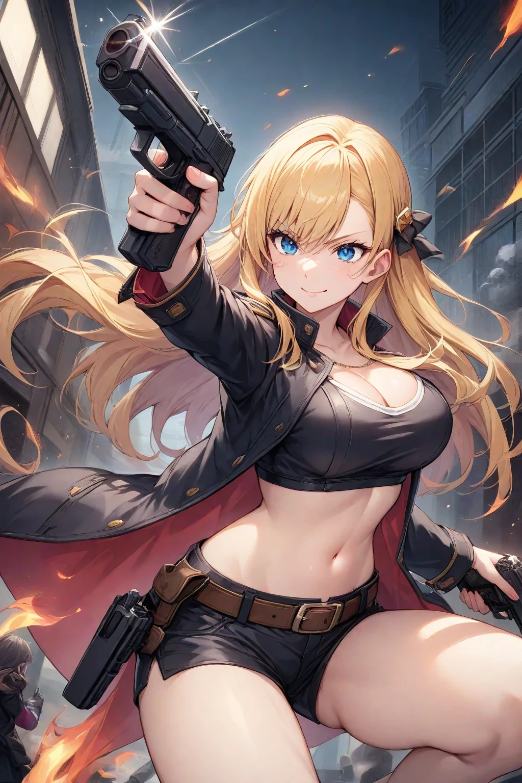 最high quality、Best image quality、masterpiece、girl((Age 25、 By becoming、Best Bust、Medium Bust,Wide open breast tea、Red glowing eyes,Blonde、Red Mesh、Disheveled Hair、Lointail、thin,The highest valley、Open chest、Luminous Wristbands、hair ornaments、Show the whole body,Black tank top、Red Bandana、Shortuscular、revolver、scar、Military Cap、Shooting Pose、Full body scar、Fighting Pose、Short sleeve jacket)),high quality、Beautiful art、background((Photography room))、Flight、Flying debris、Written boundary depth、movie、Visual Arts、Perfect art、8K,Genuine,