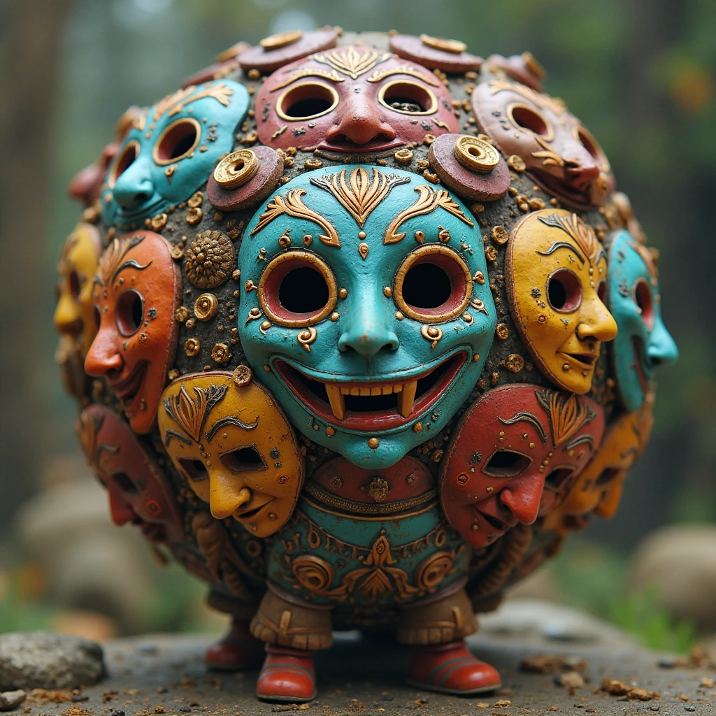 Best quality, masterpiece, close-up, highly detailed, a sphere wearing large hand-crafted painted ancient magical masks from fantasy settings on every side at random angles, happy mask seller from the legend of zelda carries the ball of masks on his back.
