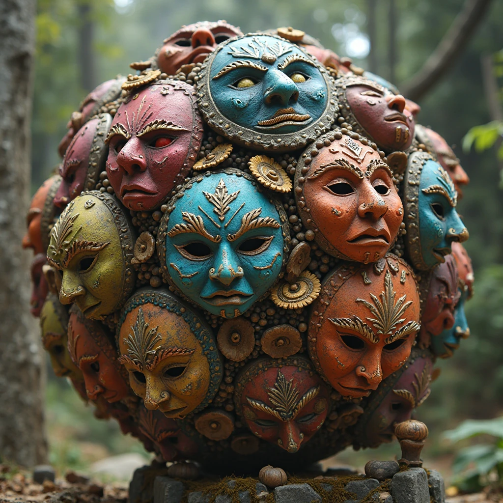 Best quality, masterpiece, close-up, highly detailed, a sphere wearing large hand-crafted painted ancient magical masks from fantasy settings on every side at random angles, happy mask seller from the legend of zelda carries the ball of masks on his back.