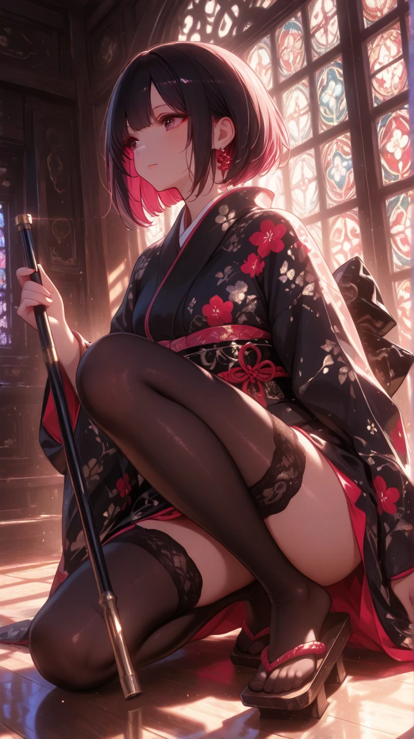 (Masterpiece, High Quality, Top quality, High-Detailed, Detailed CG, Cinematic Lighting, Cinematic Scene, Beautiful Detailed Eyes, Ultra Resolution), (Full Body View), (Full Body Shot), (Erotic Suggestiveness:1.5), Looking At The Audience, ((Erotic Expression:1.0)), NSFW, Beautiful, Yellow eye, Black Hair, Good Composition, (Bare shoulders), Thicc Thighs, Thick, Large Breasts, (Lingerie:1.5), (Erotic Lingerie:1.0), Wearing Lingerie, Black Lingerie, Sexy Lingerie, Body drip with Oil, Body drench with Liquid, Hairband, Hair Bow, Spider Pattern Lingerie, In Japanese Shrines