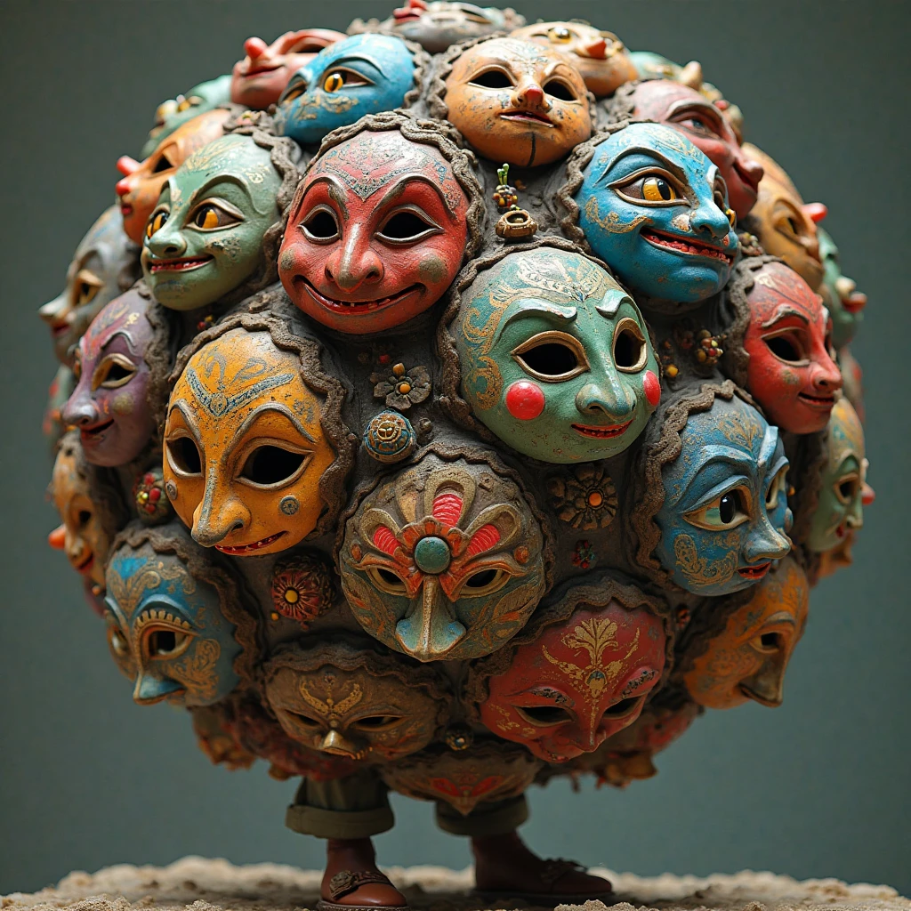 Best quality, masterpiece, close-up, highly detailed, a sphere wearing large hand-crafted painted ancient magical masks from fantasy settings on every side at random angles, happy mask seller from the legend of zelda carries the ball of masks on his back.