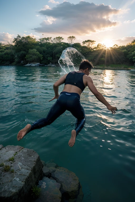 Mulher brasileira, in a lemon yellow t-shirt and blue shorts brincando na piscina, em uma piscina, brincando na piscina, wearing an elastane bikini, in the water, espirrando, wearing two piece swimsuit, ao lado de uma piscina, in the water! up to the shoulders, She's on her stomach, photo taken from behind. Mulher com pele branca e cabelos escuros. ela tem cerca de 35 anos. Corpo fino, cintura fina. Altamente realista, hiperrealismo, pele muito elaborada. foto de corpo inteiro, Limpar foto, alta qualidade, high resolution, obra de arte, 8k.