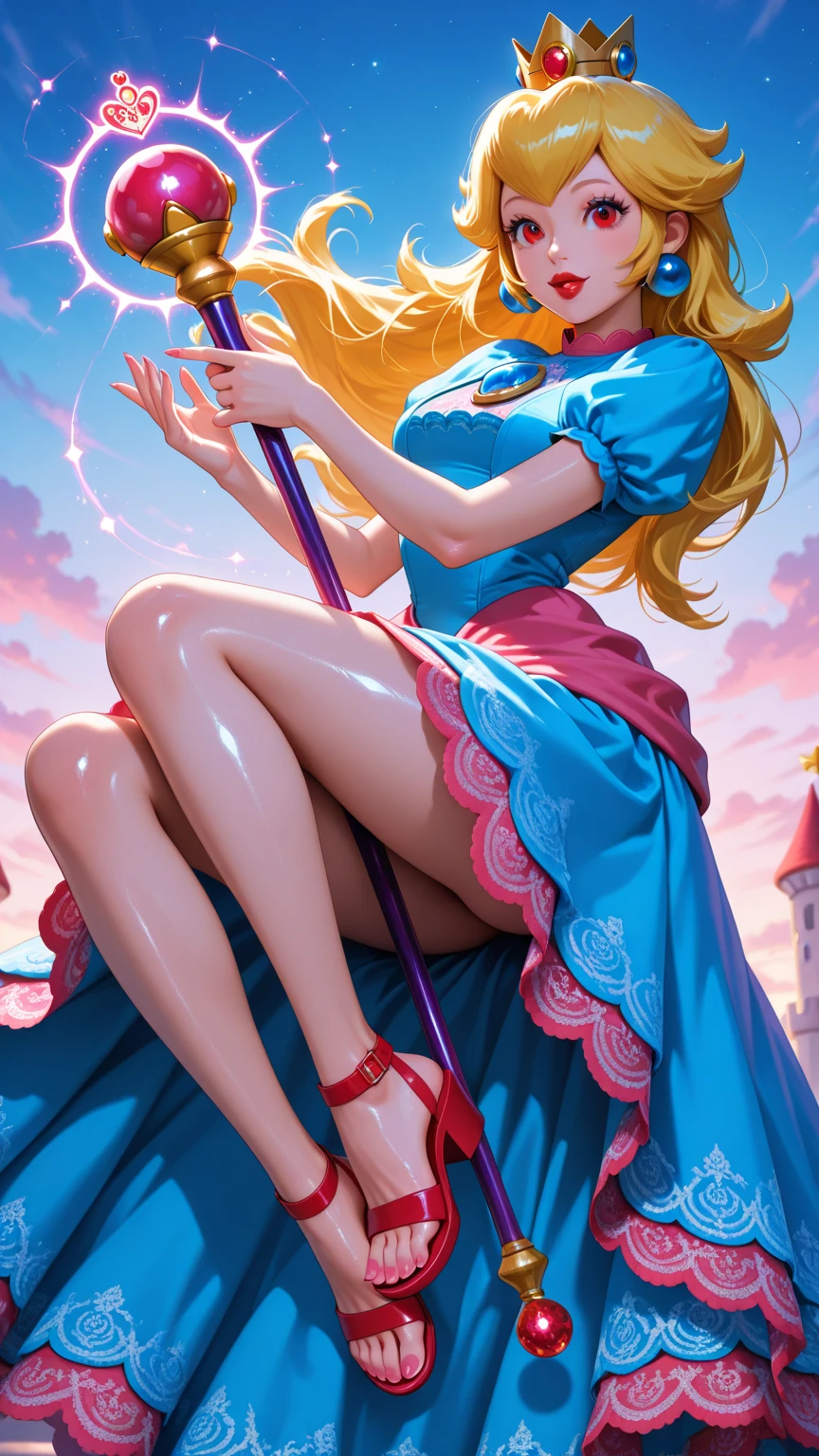 Princess peach,hanging from the ceiling with her arms tied by a rough rope、perspiring、Ropes tied her body、a wet body、Rough rope that cuts into the crotch, Strongly tied up、Hands tied、legs hanging down in shackles, legs straight down, no floor, pink clothes. In the forest.
