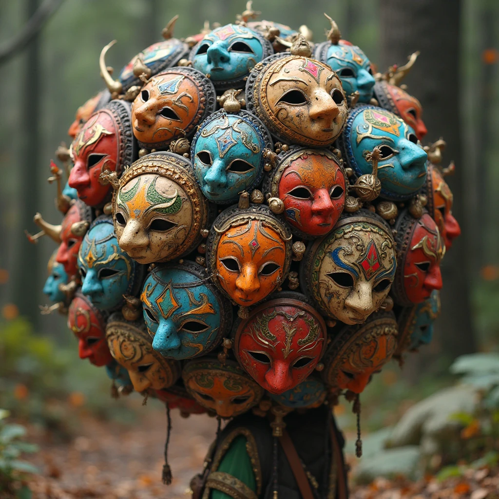 Best quality, masterpiece, close-up, highly detailed, a sphere wearing large hand-crafted painted ancient magical masks from fantasy settings on every side at random angles, happy mask seller from the legend of zelda carries the ball of masks on his back.