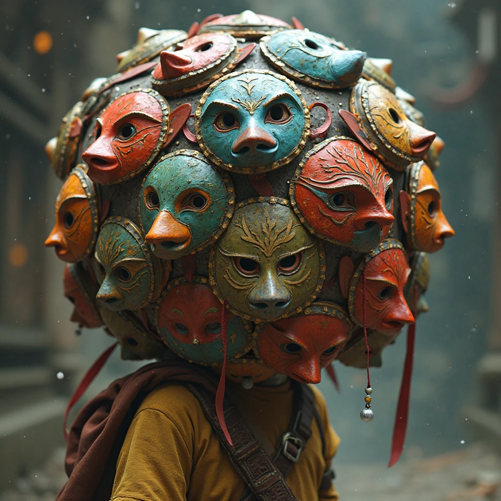 Best quality, masterpiece, close-up, highly detailed, a sphere wearing large hand-crafted painted ancient magical masks from fantasy settings on every side at random angles, happy mask seller from the legend of zelda carries the ball of masks on his back.