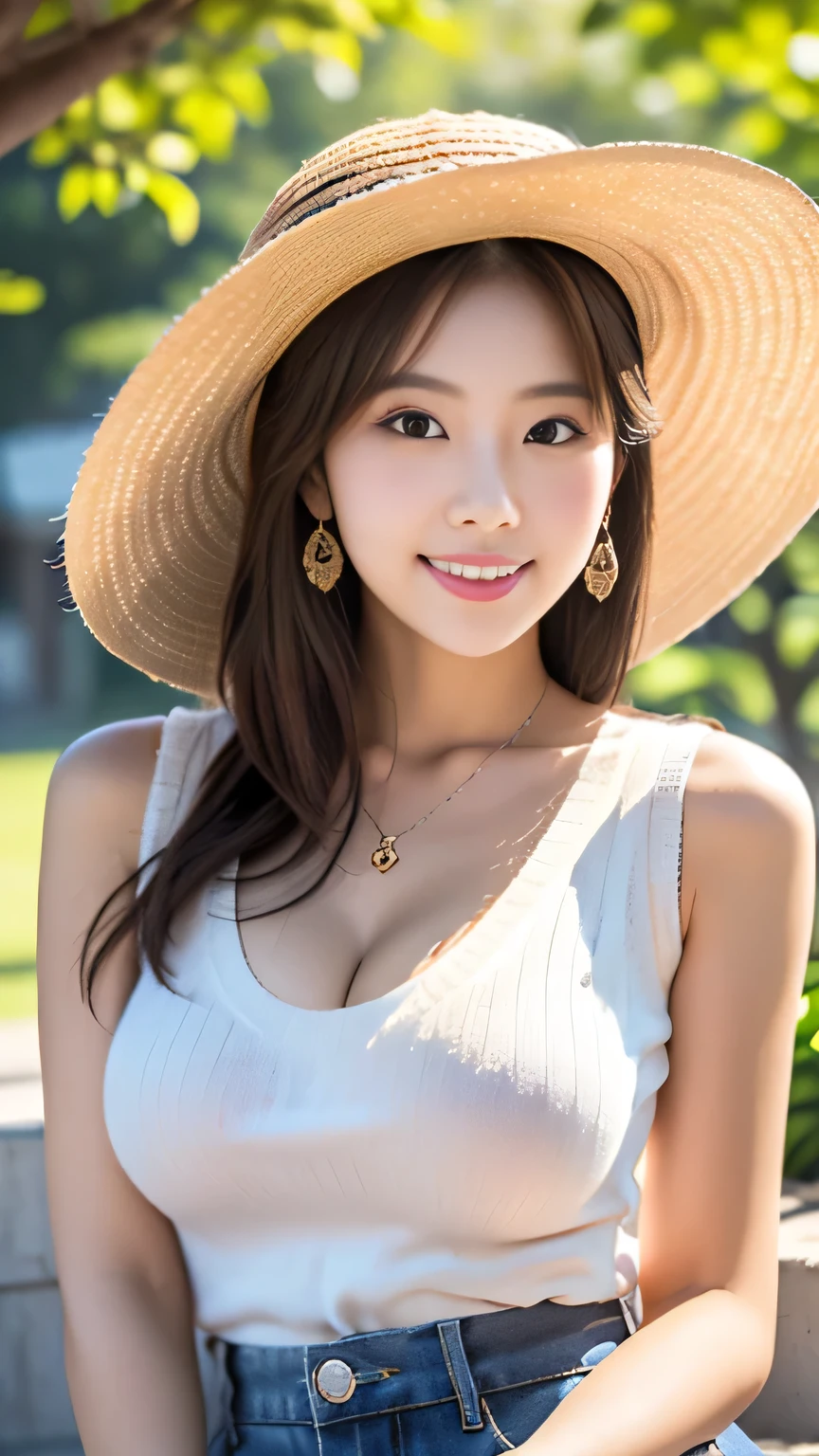 ((no hat))((Highest quality)), Realistic, Very detailed, In detail, ((High resolution)), 8K,((smile)),((cowboy shot)),Beautiful, well-shaped eyes,(Korean women),((sexy)),Beautiful Skin,Detailed face,(Glamour),short hair,Brunette colored hair,20th Generation,Glamour system,Bust size: 87cm,Neat stenosis,((Urban area、the way))、necklace、Earrings