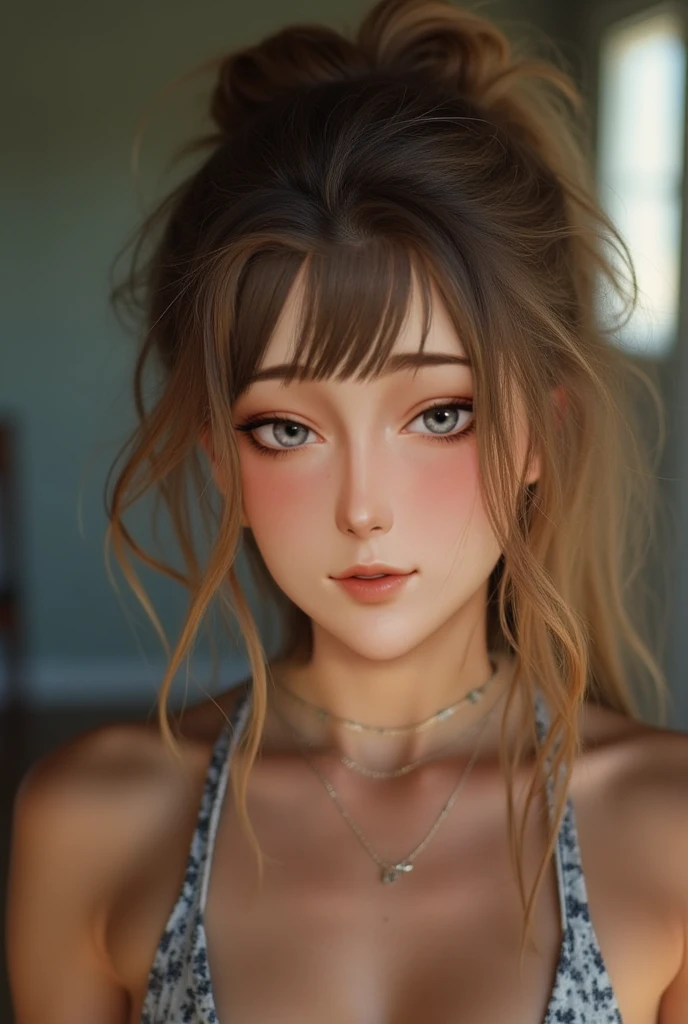 masterpiece, best quality, , 1girl, solo, looking at viewer, upper body, depth of field, , brown hair, brown eyes, freckles, bare shoulders, , luxury fashion, 2k resolution