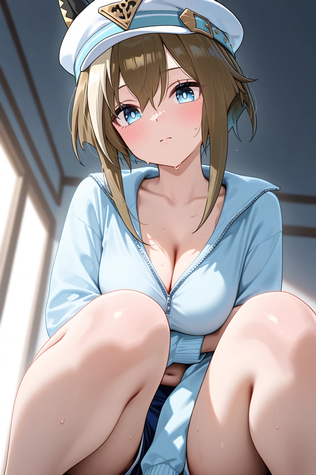 (best quality), (Super detailed), (Best Illustration), (NSFW), ((A beautiful girl sits with her pussy spread open)), solo, (The beautiful girl has blue eyes, big breasts, is completely naked, and has brown bob hair.), (embarrassed), nose blush, sweat,
