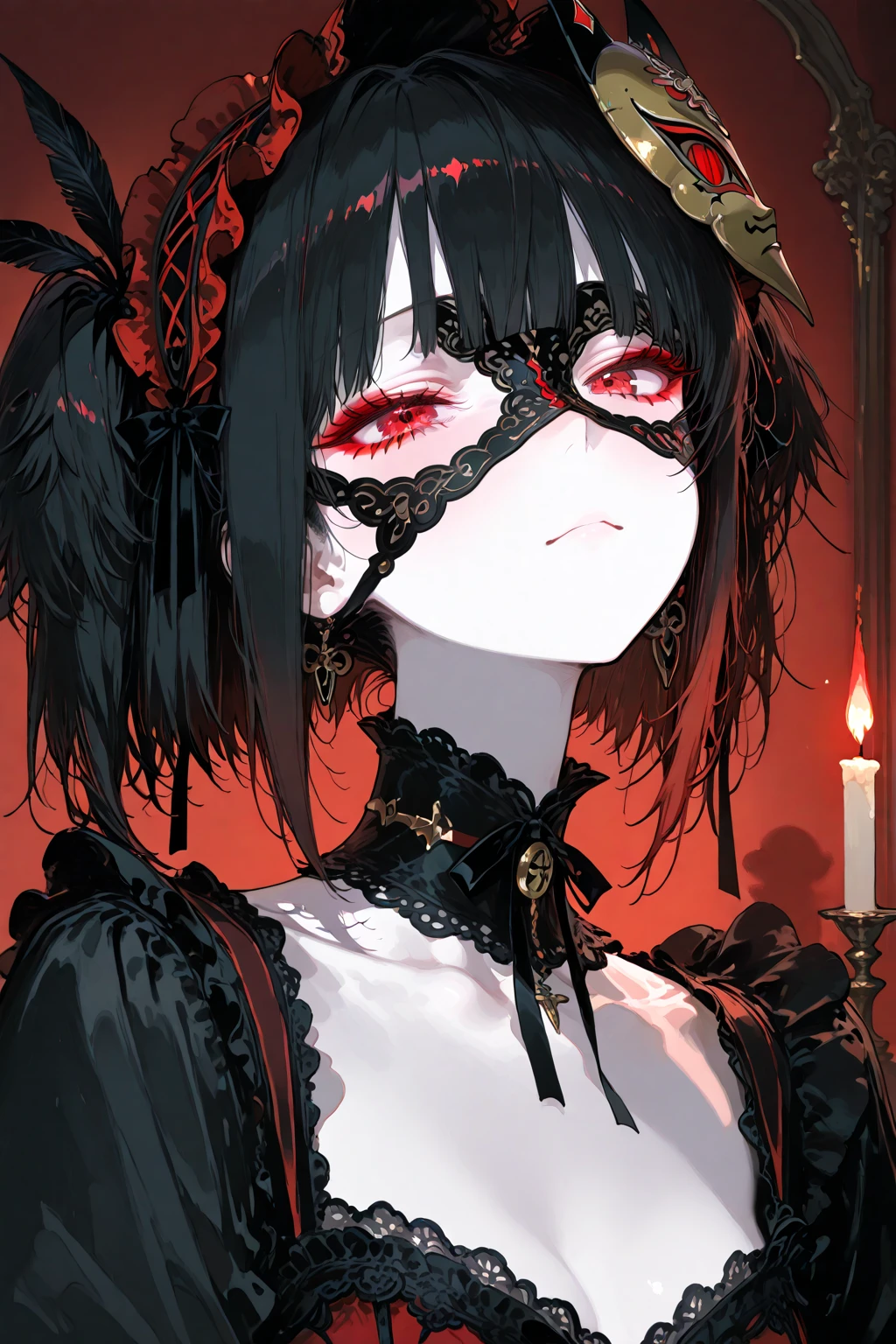 2b, long_sleeves, gloves, dress, cleavage,black_gloves, puffy_sleeves, black_thighhighs, mole, black_dress, clothing_cutout, cleavage_cutout, black_hairband, juliet_sleeves, mole_under_mouth, blindfold, vambraces, covered_eyes, black_blindfold,anime,short_hair,angry