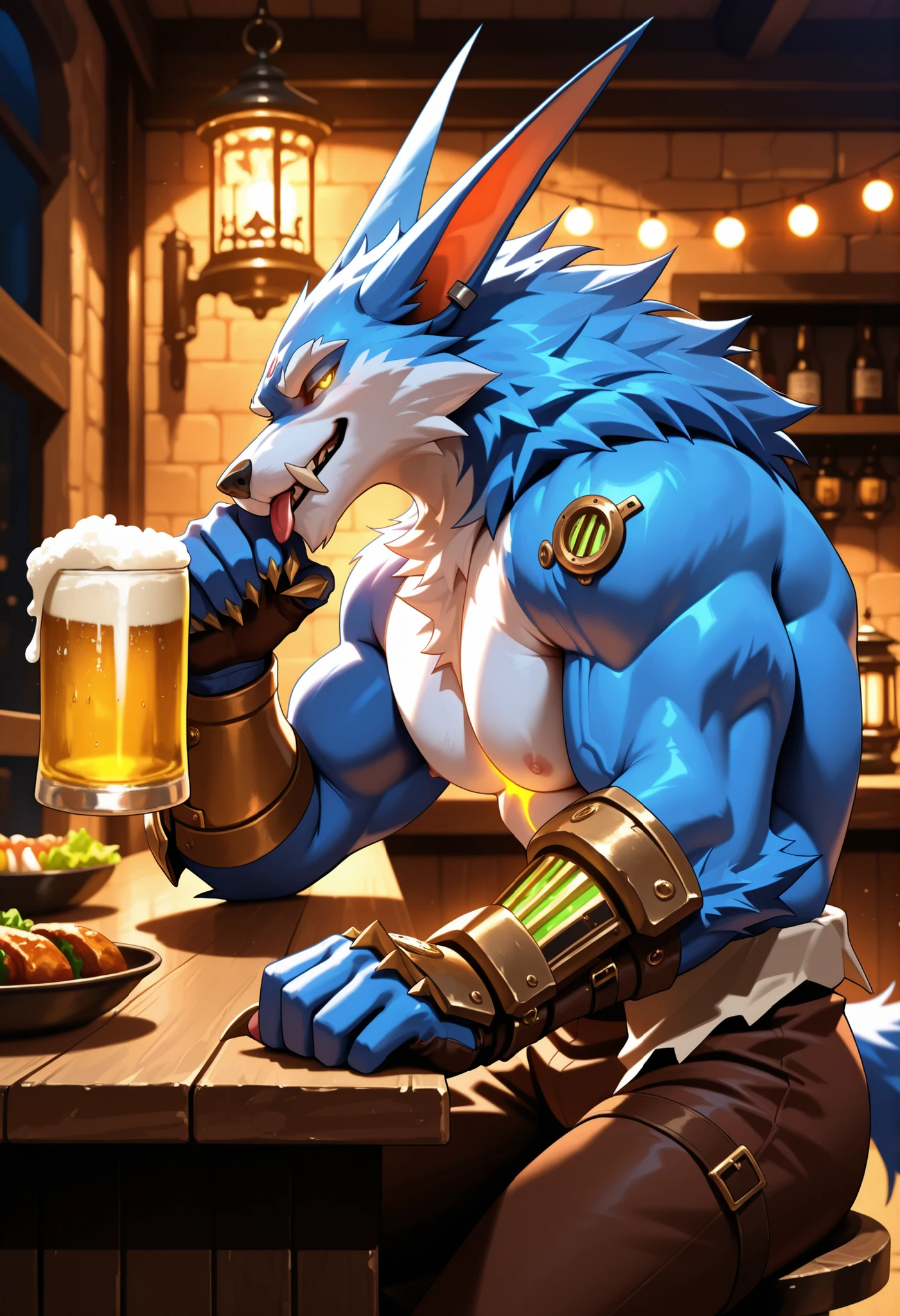 masterpiece, best quality, very aesthetic, newest, 2024, photorealism, photorealistic, hi res, depth of field, detailed fur, sinfully stylish, dramatic lighting, long shadows, soft light, 1boy, canine, (warwick_lol), furry, anthro, big muscles, chest tuft, elbow tuft, neck tuft, face tuft, topless, claws, blue body, white fur, white countershading, lantern, vambraces, inside, glowing eyes, simple eyes, yellow eyes, steampunk, kaogei, drunk, drunk bubbles, seductive, bedroom eyes, looking at viewer, tongue out, head on counter, bar counter, glowing, holding beer, sitting, bar, food, mechanical, glowing cybernetics, detailed background, string lights, decoration, cowboy shot, holding beer