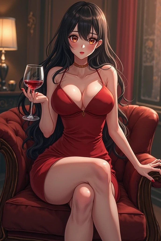 ((best quality)), ((masterpiece)), (detailed), perfect face, curvy woman, long black hair, red eyes, long crimson red dress with a leg slit, thick thighs and hips, sitting at table, holding wine in a glass cup, soft smile, sitting on chair, food on table, chandelier, dark skin woman, crimson red heels, crimson red silk gloves