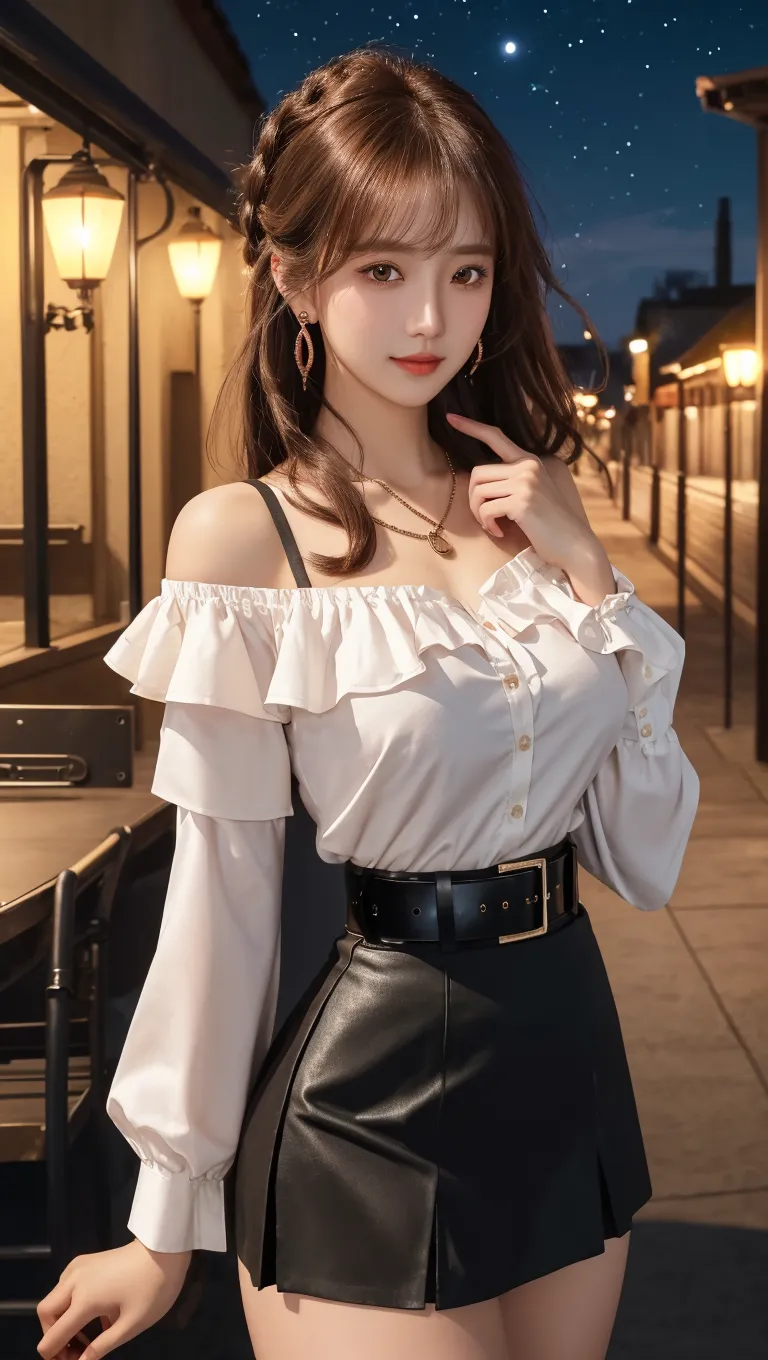detailed background, masterpiece, best quality, 1 person , curly hair, long hair, purple eyes, star in eye , maroon Strapless blouse, long  skirt