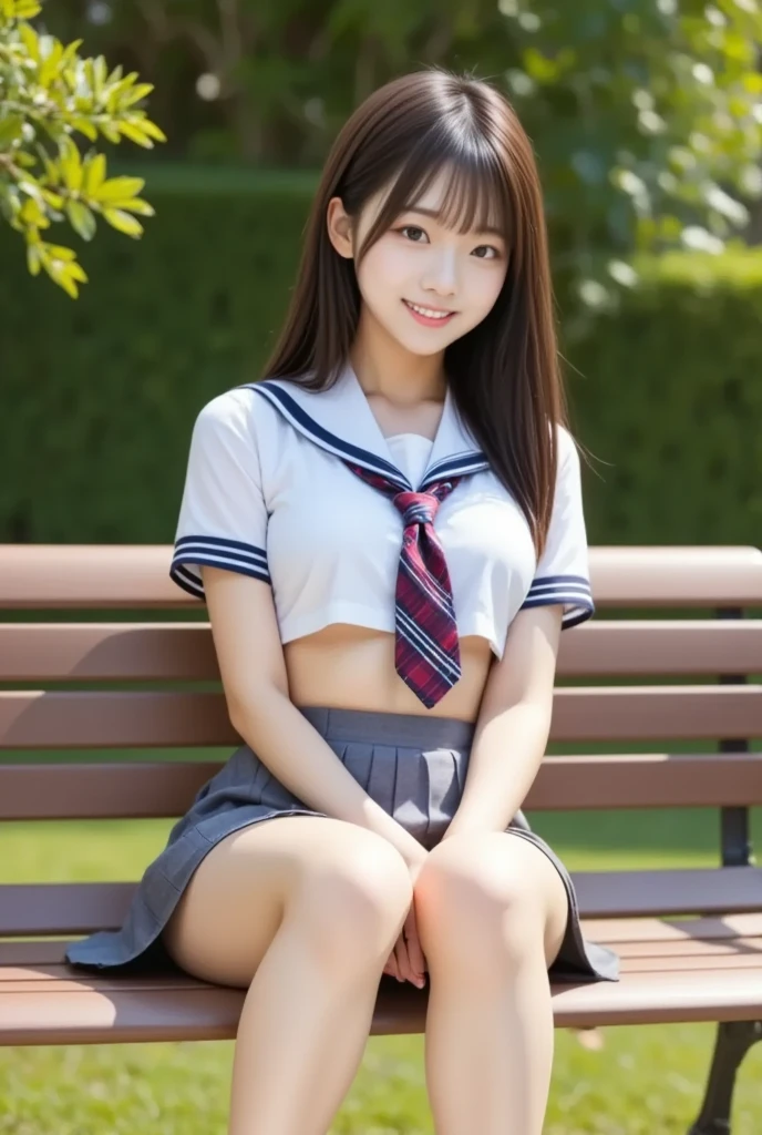 Pure Japanese school girl, sexual attractive, outstanding body, beautiful legs, wearing loose uniform and socks, panty, sweet smile, sitting on bench, refreshing in early summer park, composition from the front,