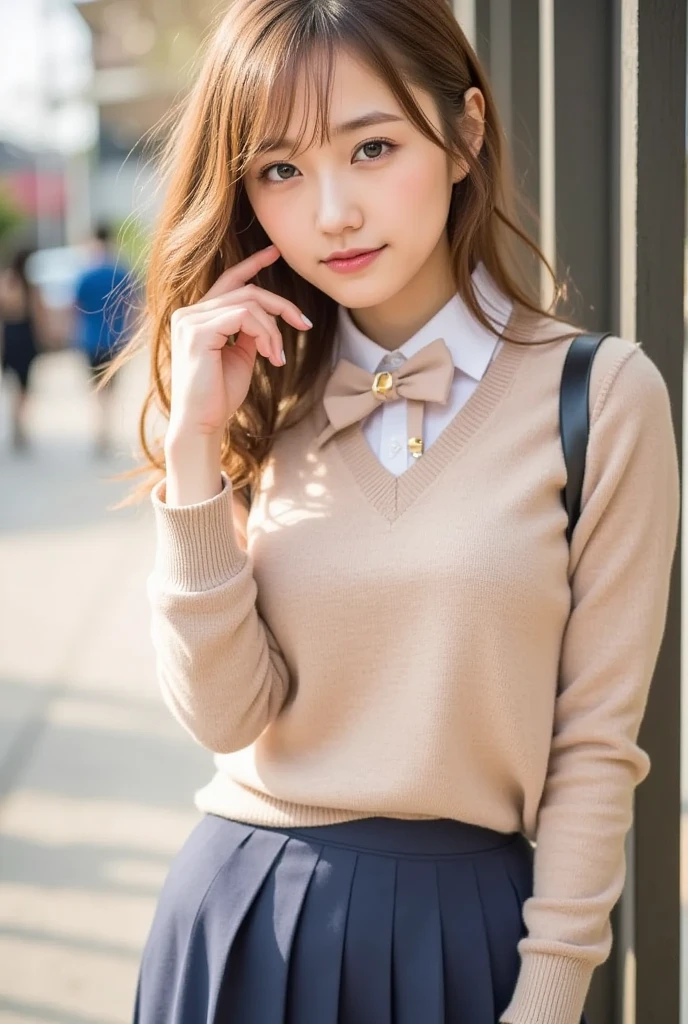 ph momo, momohd, phmomo, solo, 1girl, pink hair, purple eyes, short hair, hair flower, sweater vest, ,(yellow sweater:1.2), big eyes, plaid skirt, black thighhighs, (masterpiece:1.6, best quality), (finely detailed beautiful eyes: 1.2), ultra-detailed, illustration,beautiful detailed eyes, (yandere:1.4), (empty eyes), backlighting, looking at viewer, blush, smile, (masterpiece, finely detailed beautiful eyes: 1.2), detailed eyes, hyper detailed,light smile, highly detailed, beautiful, small details, ultra detailed, best quality, intricate, hyperrealism, sharp, digital illustration, detailed, realism, intricate, 4k, 8k, trending on artstation, good anatomy, beautiful lighting, award-winning, photorealistic, realistic shadows, realistic lighting, beautiful lighting, raytracing, intricate details, moody, rule of thirds, masterpiece, (illustration:1.1), highres, (extremely detailed CG, unity, 8k wallpaper:1.1), beautiful face, highly detailed face, ultra realistic, masterpiece, bokeh, extremely detailed, intricate, zoomout, colorful, vibrant colors, red nail polish, side view,standing,whole body,green skirt, plaid, plaid skirt, sainan high , , skirt, sweater vest,