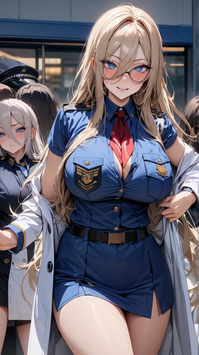 four sexy women looking at camera, flirtatious smiles, stewardess outfits, portrait