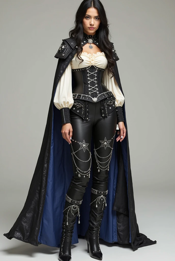  tall black woman, with long brown hair wearing light armor with silver ornamental details, a dark blue cape, and sturdy leather boots.