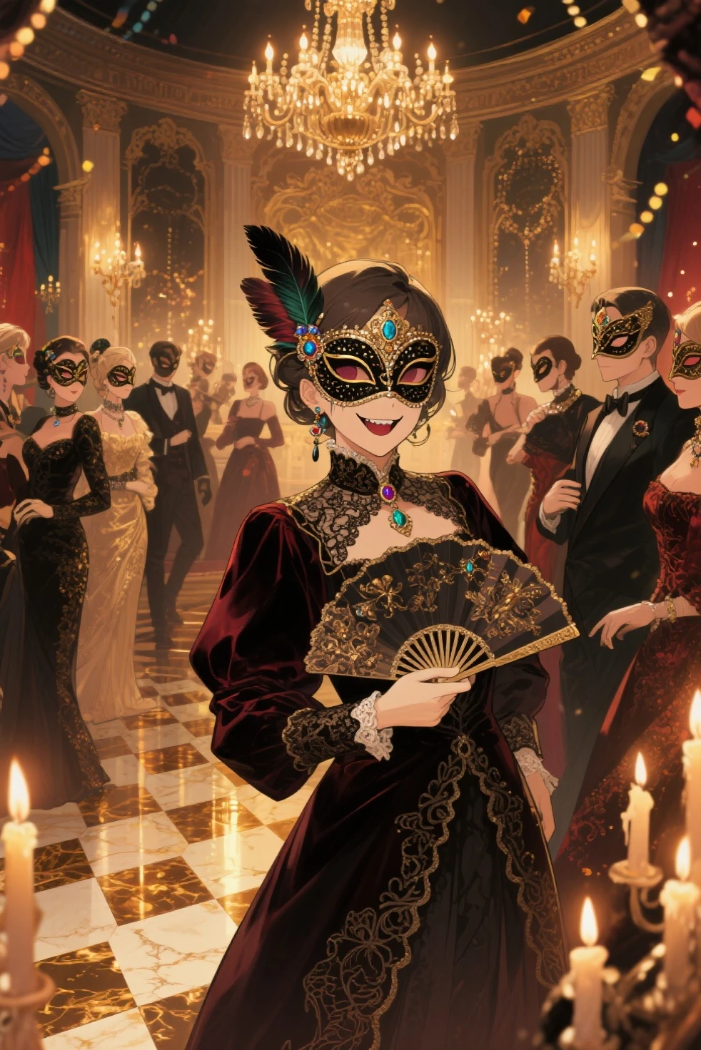 A oil painting anime style,luxurious party scene inside a elegant masquerade ballroom. All guests are wearing velvet and silk textures,elegant baroque fashion, intricate lace and embroidery and evil smile face.The overall mood is playful and mysterious. ornate masks, adding a surreal and whimsical atmosphere. Each person is also wearing an ornate masquerade mask that hides their eyes—some feature feathers, jewels, or intricate metalwork. The lighting is warm and festive, with chandeliers casting golden reflections across polished floors.folding frilled fan ,candlelit ballroom, soft glowing lights, polished marble floor, rich color palette, cinematic composition, Rococo-inspired,subtle grain, chiaroscuro lighting, mysterious mood, fantasy realism