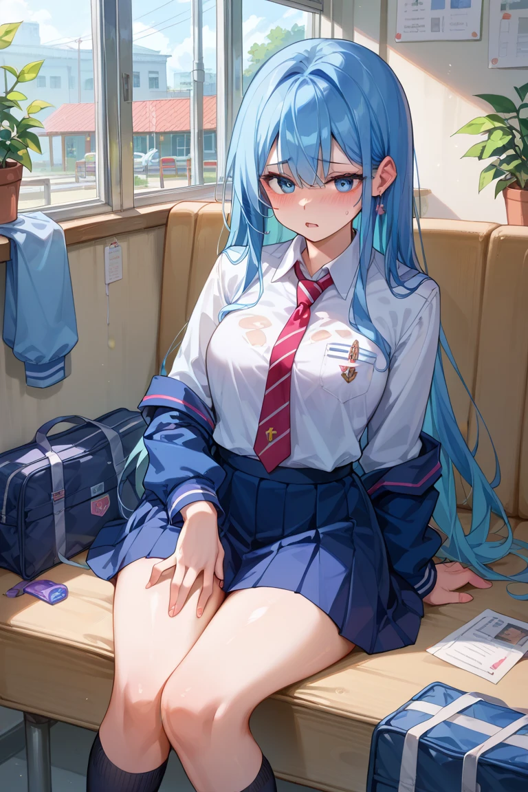 Gal、Sitting with legs crossed、LOL、Blue Hair、Around 25 years old、Anime style illustrations、Inside the library