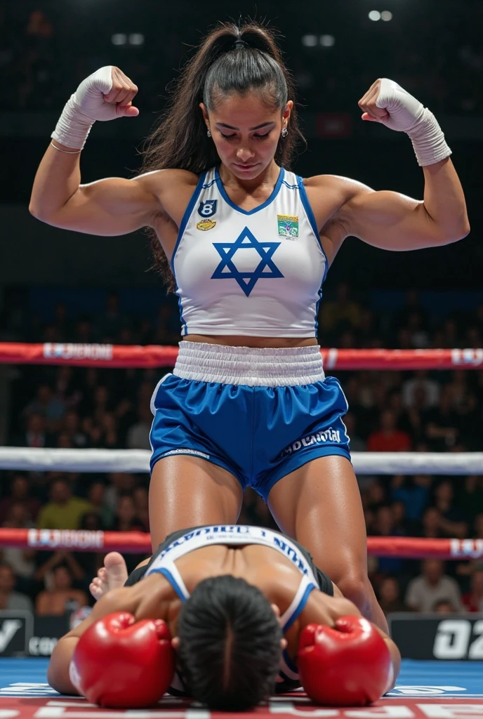 a very beautiful and sweaty 25 year old Arab naked girl, thick hairy armpits, muscular abs, raising her arms high while being carried and kissed by two young men