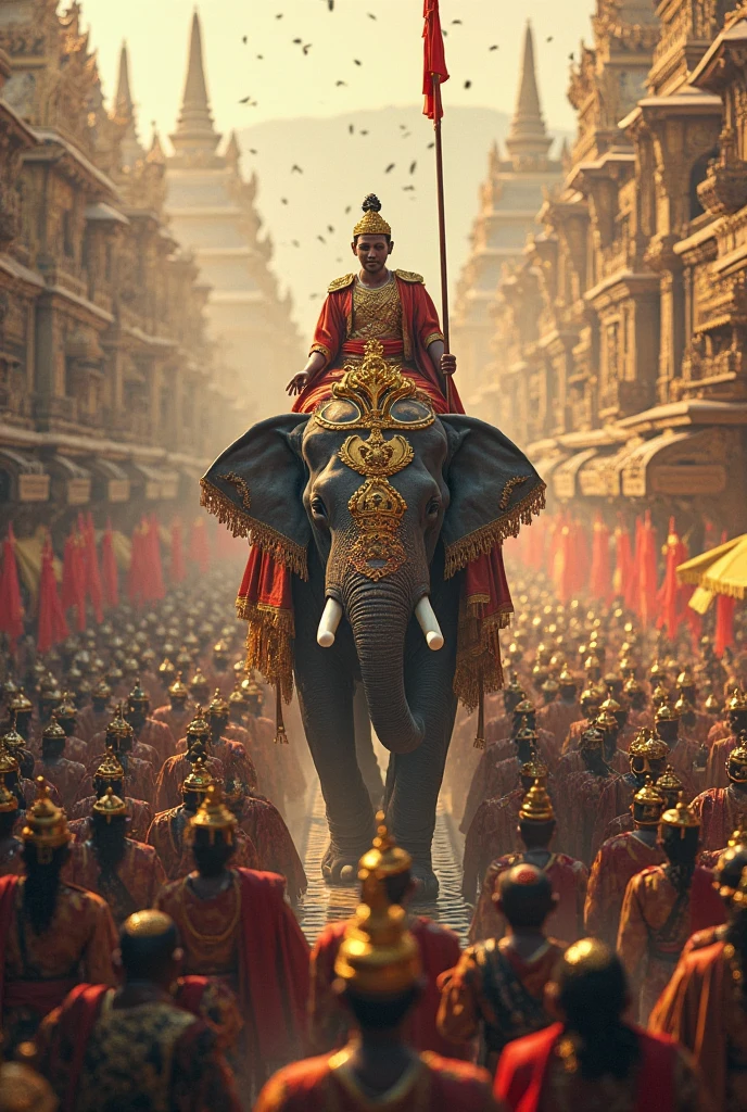 Two young male children of Tipu Sultan aged 7 and 10 wearing the 18th century royal costumes sitting on back of a big elephant in a decorated silver Hooda. A old mahooth sitting on the head of the elephant is controlling and coming out of the gates of Srirangapatna. Tipu Sultan's cavalry and camel mounted soldiers are following them as part of the procession. The whole seen is in UHD resolution from the ground level shot in Very high resolution