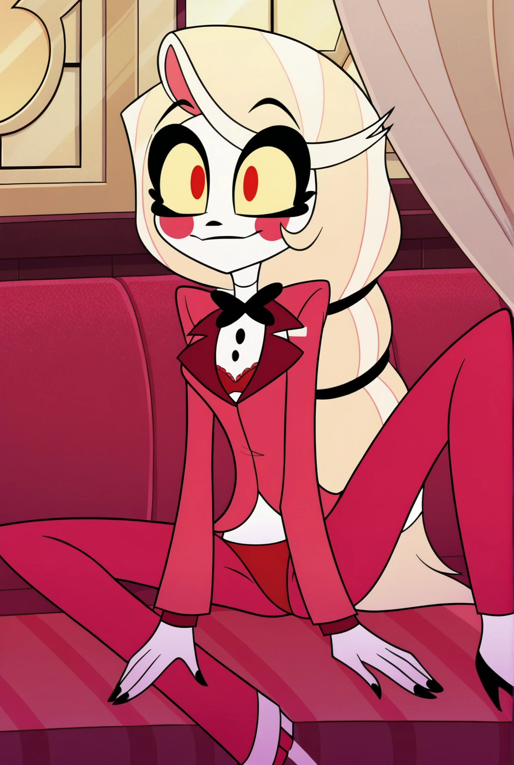 (masterpiece, best quality:1.2) anime, charlie morning star in a red lingerie with horns and a demon tail , black thigh high stockings , cruella devil, villainess, demoness, evil pose, mara demon, giesha demon, demonic! compedium!, evil princess, devilish, queen of hell, evil godess, mika kurai demon, badass pose, demon girl, succubus, sexy pose , full body in frame ,4k, highly detailed , luxury hotel room
