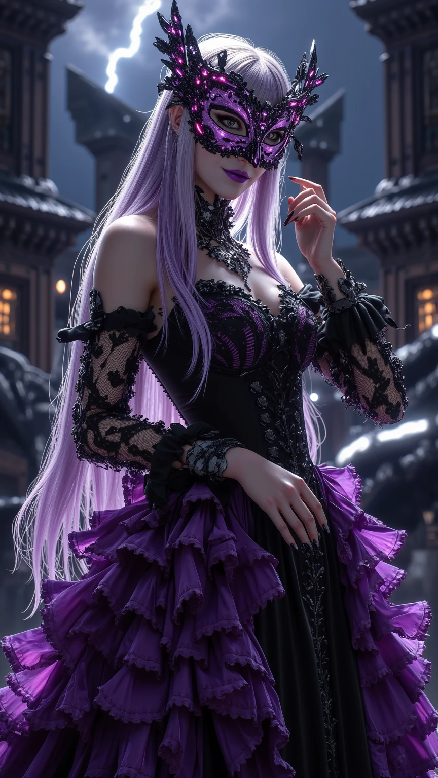 Gothic,realistic scenes,3D modeling aid effec,close-up portrait of queencore.fairy academia,purple and dark theme,dark white and dark gray,mysterious beauty,intricate curly long hair,white hair,swept bangs,blushed skin,parted lips,dress in gown off the shoulder Gothic purple and black tulle ruffle,overskirt,purple lace elbow gloves,sitting in a magnificent palace,holding and staring at crystal ball glowing purple,ambient light,light particles,blurry --ar 2:3 --q 5 --niji 5