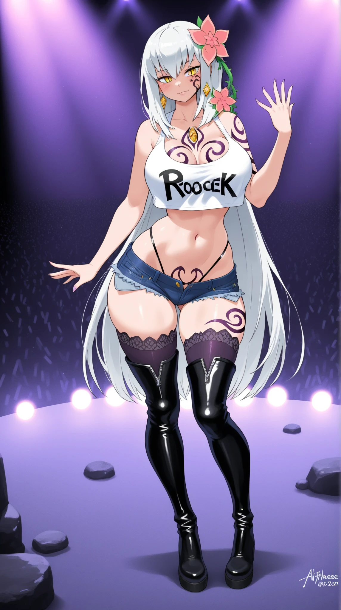 source_anime, 1girl, solo, SuiseiBase, side ponytail, plaid beret, crown, blue star choker, star earrings, blue ascot, grey plaid jacket, grey plaid skirt, layered skirt, partially fingerless gloves, star bracelet, uneven legwear, thigh strap, standing, singing, open mouth, microphone, blush, sweat, heavy breathing, Loona \(Helluva Boss\), boss, showing ass, huge ass, leaky nipples, huge breasts