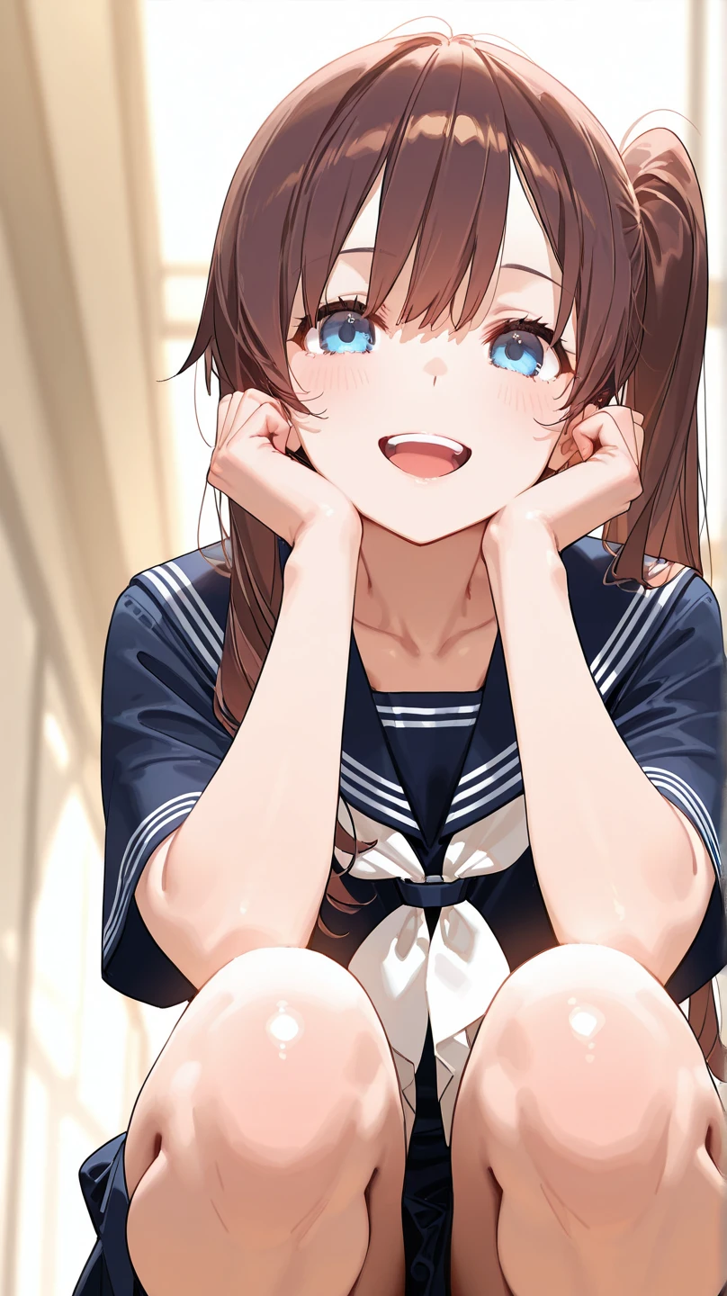 Beautiful lighting, Beautiful body lines; masterpiece, top-quality, 4K,Hi-Res, 1girl in, Marl, Glass Wonder(Umamusume),,A tremendous amount of sweat, hair between eye,Normal breasts, embarrassed from, horse ear, brown haired,A sexy,embarassed face,light blue eyes,A detailed eye,Beautiful eyes,Detailed finger,red blush,,inside in room,natta,pretty skin,white thighhig ,Vulgarity,{{{all-fours}}},Kamimei