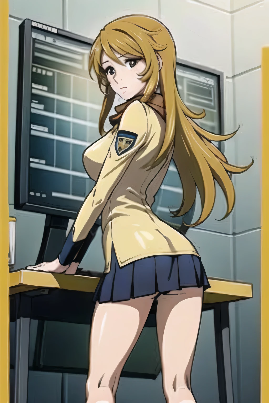 1girl, office lady, superhero, leotard, bare legs, boots, hands on hip, powering up, standing, blonde hair